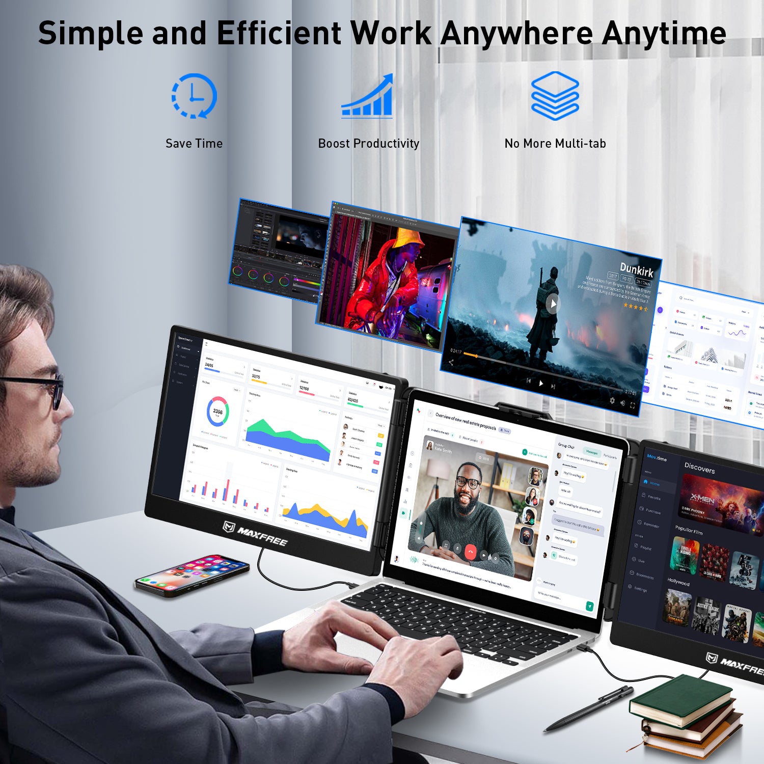 Maxfree S2 Triple Monitor for Laptop 14" Boost Productivity