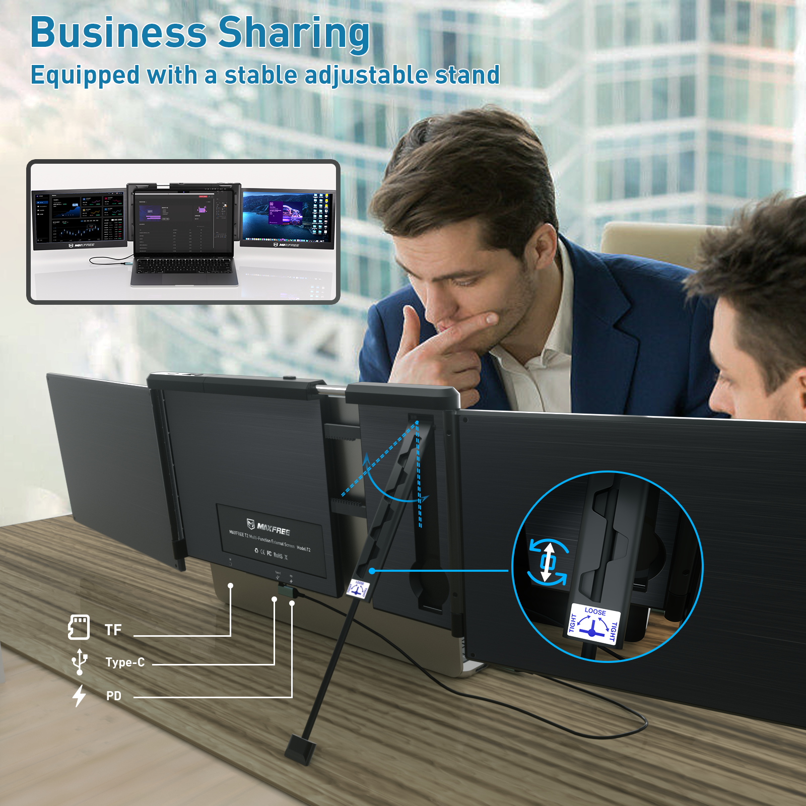 Maxfree T2 13.3" Laptop Tri-Screen Extender with Adjustable Stand