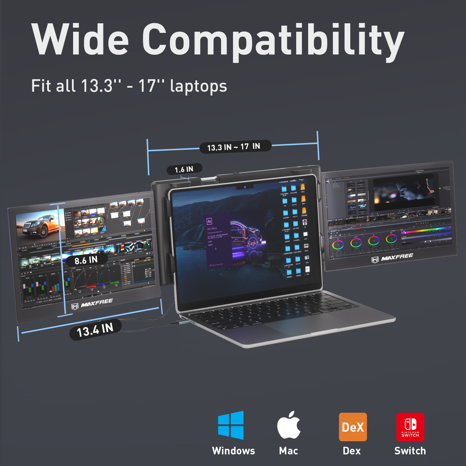 Maxfree T2 13.3" Laptop Tri-Screen Extender with Wide Compatibility