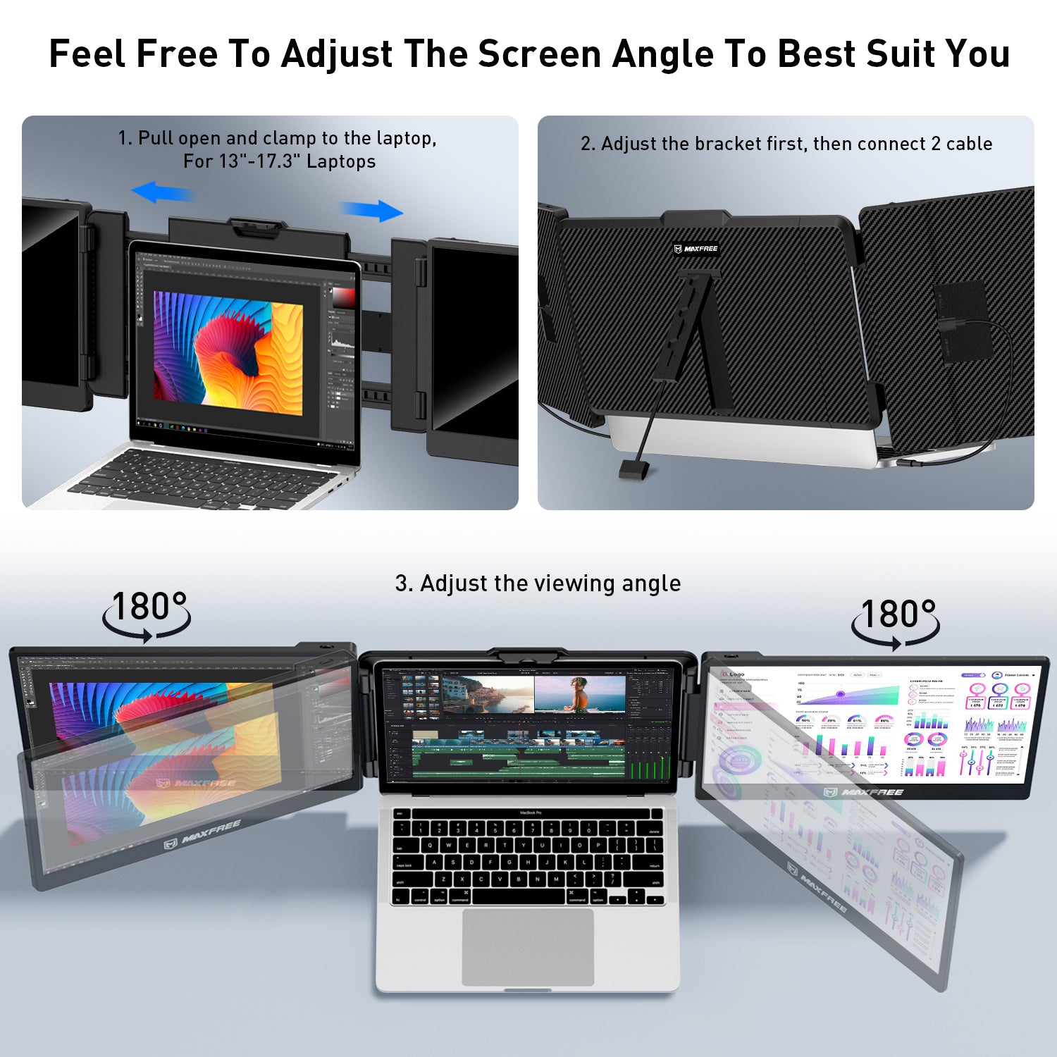 Maxfree S2 Triple Monitor for Laptop 14" with 180° Viewing Angle