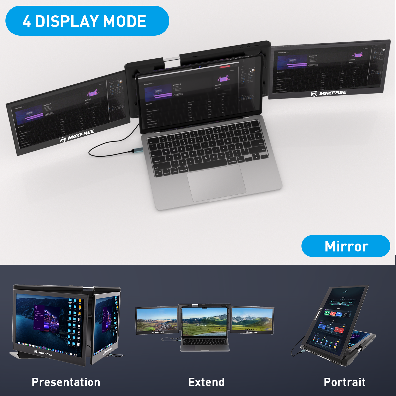 Maxfree T2 13.3" Laptop Tri-Screen Extender with 4 Display Mode
